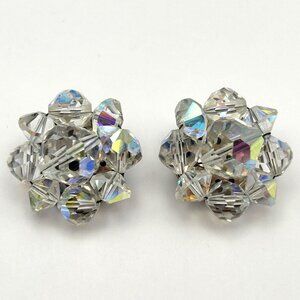 Vintage Germany Aurora Borealis Crystal Wired Cluster Clip on Earrings